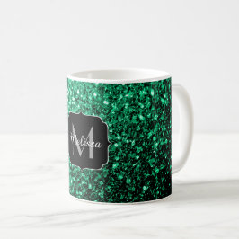 Smaragdgrön falsk glitter gnistrar Monogram Kaffemugg