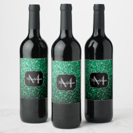 Smaragdgrön falsk glitter gnistrar Monogram Vinflaska Etikett