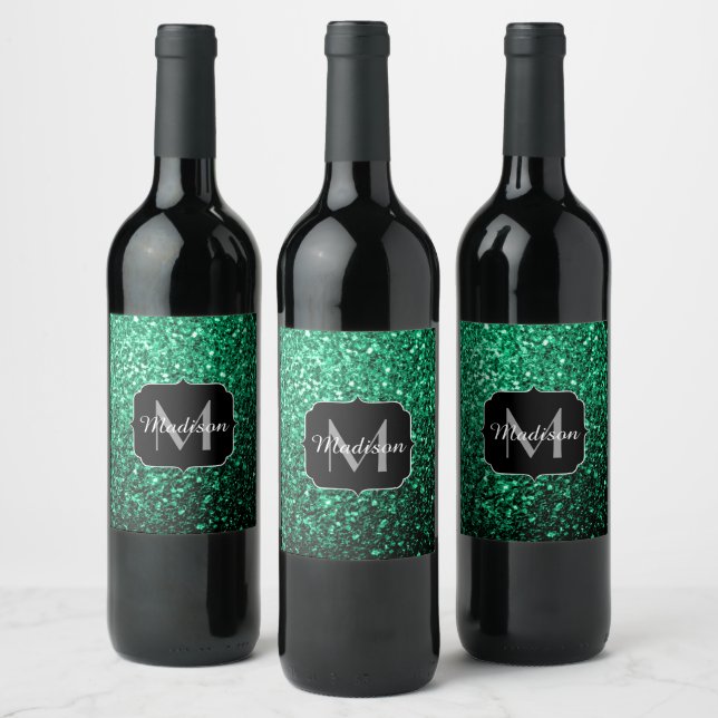 Smaragdgrön falsk glitter gnistrar Monogram Vinflaska Etikett (Flaskor)