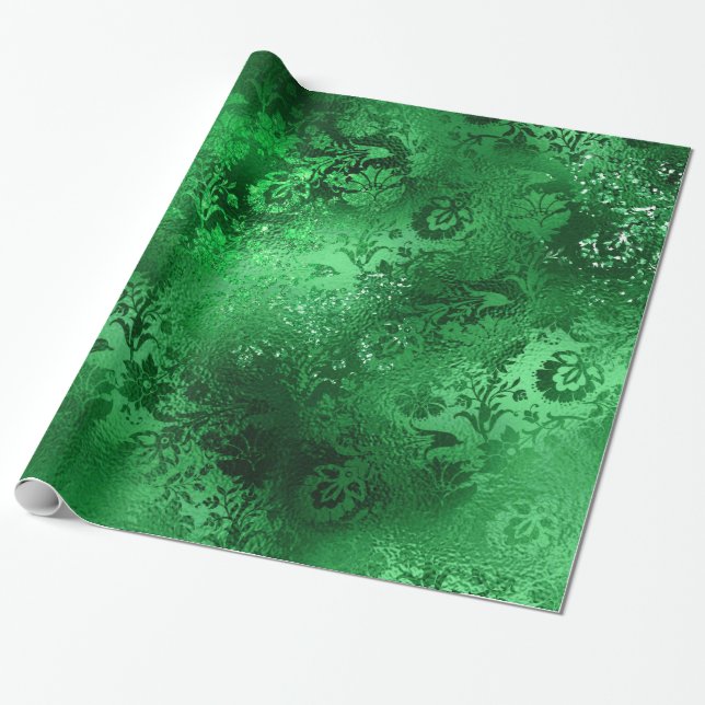 Smaragdgrön Glam Damask-mönster Presentpapper (Utrullad)