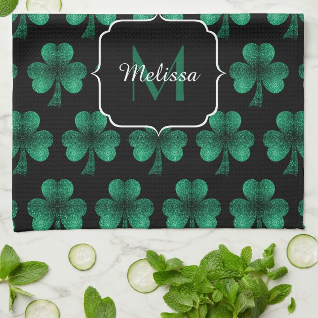 Smaragdgrön glänsande Shamrock svart Monogram Kökshandduk (Vikta)