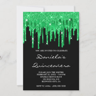 Smaragdgrön glitterfolie droppande svart Quinceañe Inbjudningar