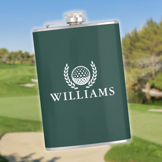Smaragdgrön golfboll med anpassat namn och monogra fickplunta (Emerald Green Custom Name Monogram Golf Ball Flask)