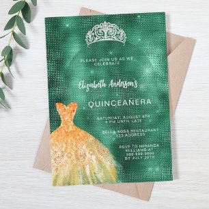 Smaragdgrön gul klänning tiara Quinceanera lyx Inbjudningar