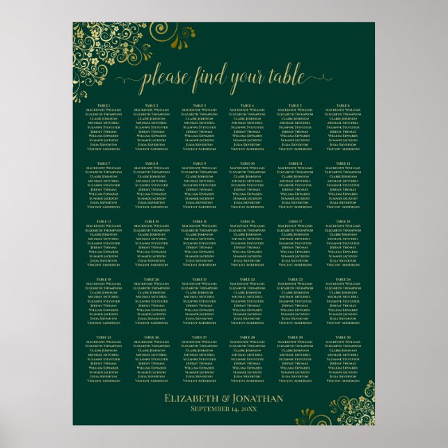 Smaragdgrön guld 30 bord vigsel stol placeringskar poster (Framsidan)