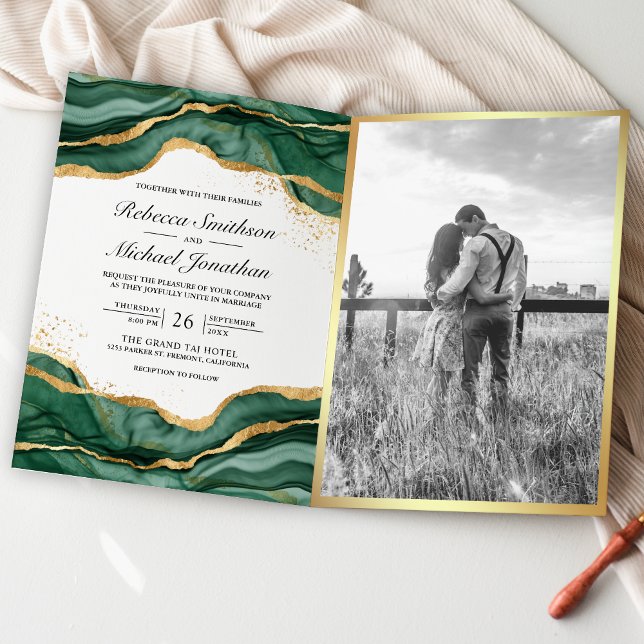 Smaragdgrön guld abstrakt bläck QR-kod Bröllop Inbjudan (Skapare uppladdad)