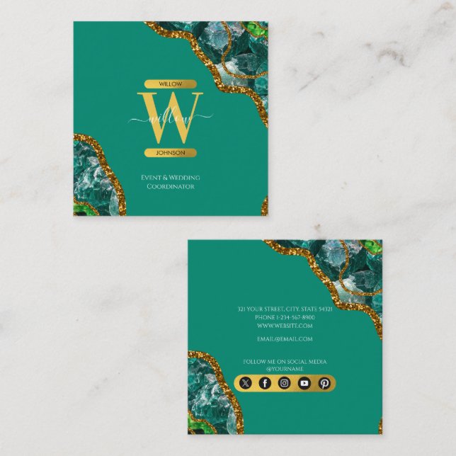 Smaragdgrön & Guld Agat Geod Glitter Monogram Fyrkantigt Visitkort (Fram/baksida)