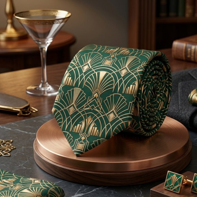 Smaragdgrön guld Art Deco Gatsby geometrisk Slips (Skapare uppladdad)