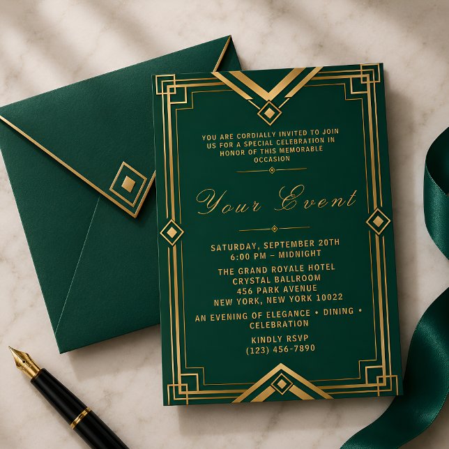 Smaragdgrön guld Art Deco Lyx Gala Firande  Inbjudningar (Skapare uppladdad)