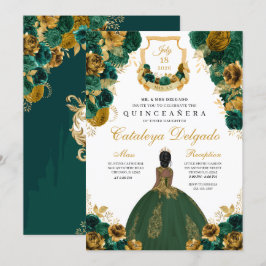 Smaragdgrön & Guld Blommig Elegant Quinceañera Inbjudningar