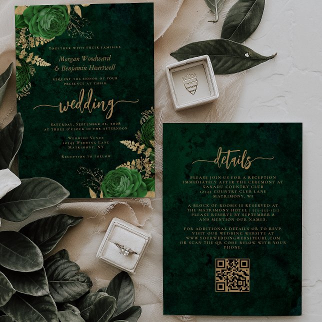Smaragdgrön Guld Blommig QR-kod Bröllop Inbjudningar (Skapare uppladdad)