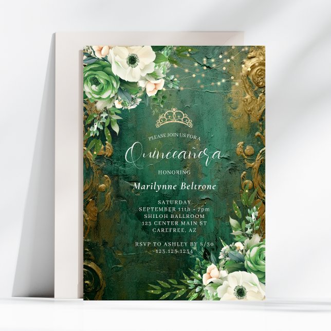 Smaragdgrön Guld Blommig Quinceañera Inbjudningar (Skapare uppladdad)