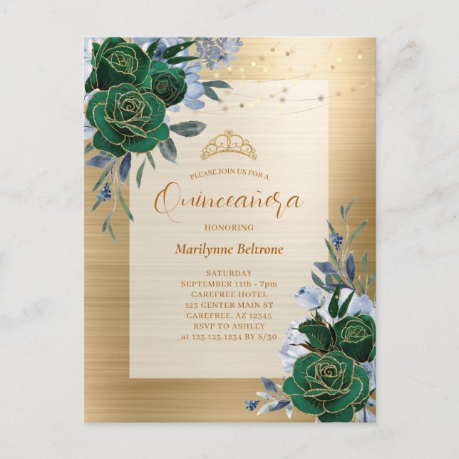 Smaragdgrön Guld Blommig Quinceañera Vykort (Framsida)