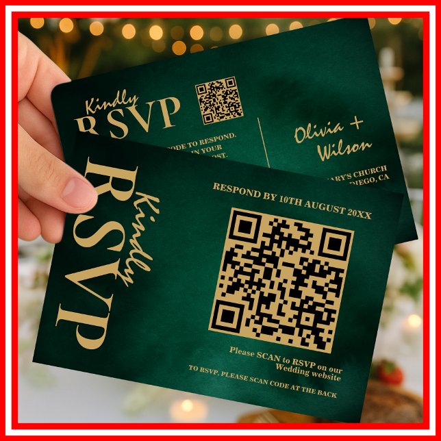 Smaragdgrön & Guld Bröllops QR-kod RSVP OSA Kort (Skapare uppladdad)