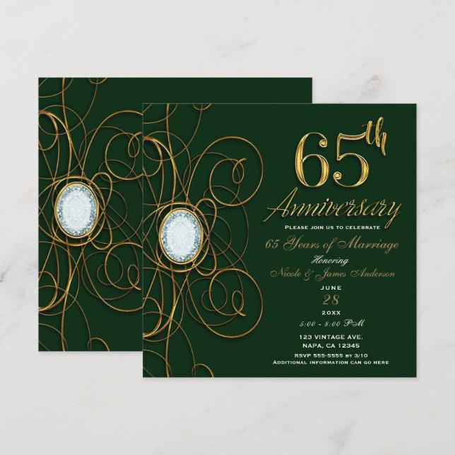 Smaragdgrön & Guld Diamant 65 65-årsjubileum Inbjudningar (Fram/baksida)
