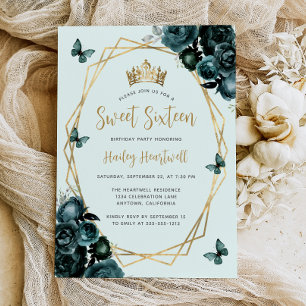 Smaragdgrön guld geometrisk blomster Sweet 16-fest Inbjudningar