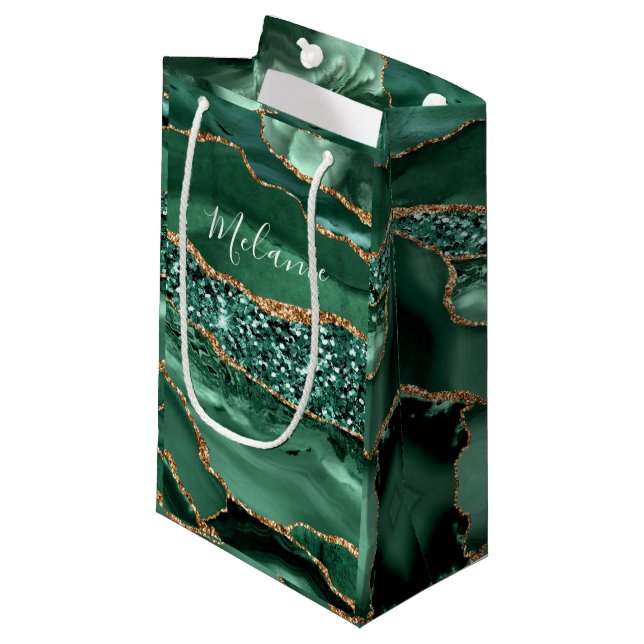 Smaragdgrön Guld Glitter Presentpåse med eget namn (Framsidan Vinklad)