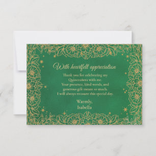 Smaragdgrön Guld Linje Konst Blommig Quinceañera Tack Kort
