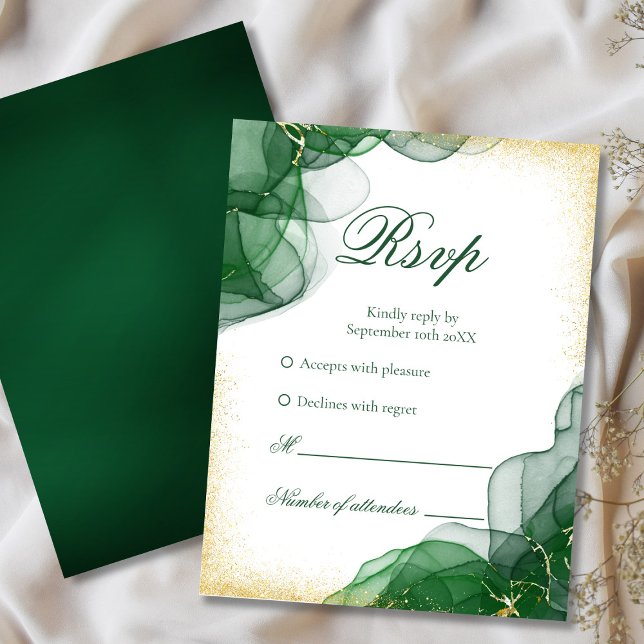 Smaragdgrön Guld Marmor Vit Bröllops RSVP-kort OSA Kort (Elegant Emerald Green & Gold Wedding RSVP)