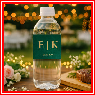 Smaragdgrön & Guld Monogram Bröllop Vattenflaska Etikett