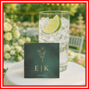 Smaragdgrön & Guld Monogram Vildblomma Bröllop Stenunderlägg