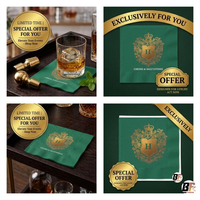 Smaragdgrön & Guld Monogramm Topp Papper Pappersservett (#ForYou)