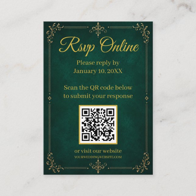 Smaragdgrön guld muslimsk bröllops QR RSVP-kort Tilläggskort (Framsida)