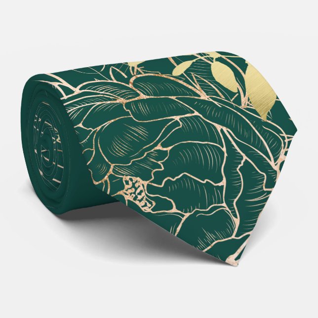 Smaragdgrön & Guld Peony Modern Blommig Bröllop Slips (Rullad)