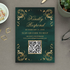 Smaragdgrön Guld QR-kod RSVP Bröllopswebbplats Tilläggskort