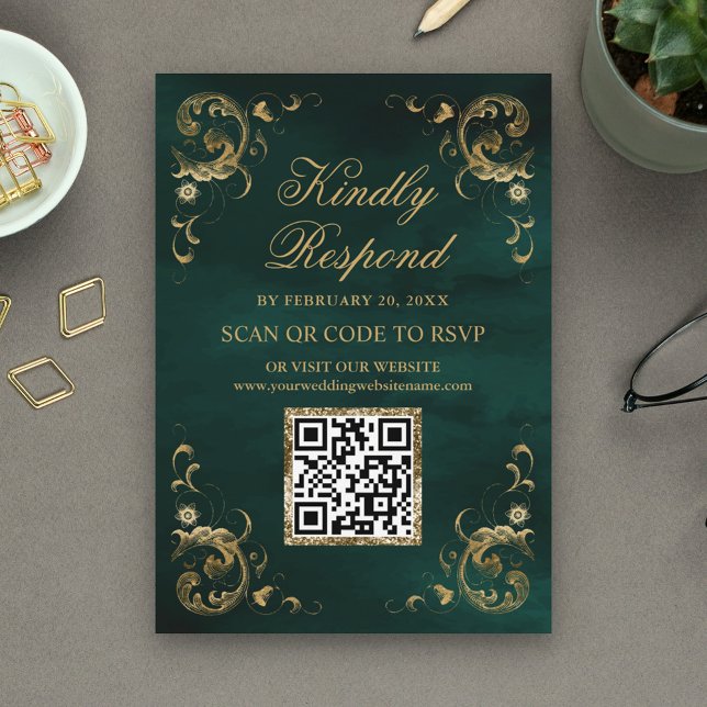 Smaragdgrön Guld QR-kod RSVP Bröllopswebbplats Tilläggskort (Skapare uppladdad)
