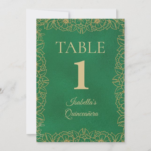 Smaragdgrön guld Quinceanera bordsnummer (Framsida)