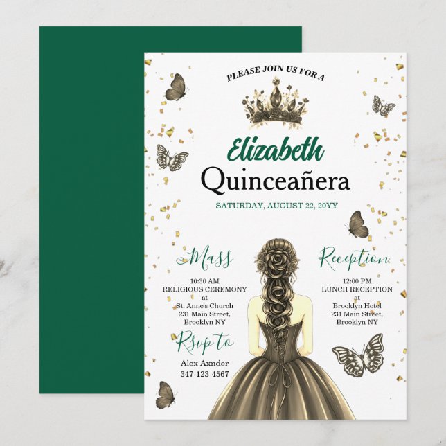 Smaragdgrön Guld Quinceañera Inbjudan (Fram/baksida)