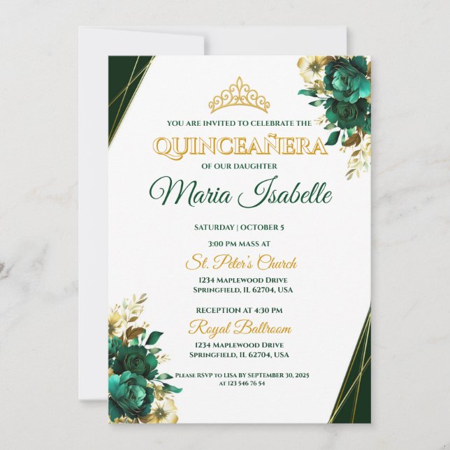 Smaragdgrön & Guld Quinceañera Inbjudan (Framsida)