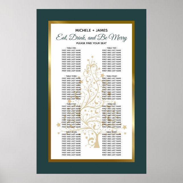 Smaragdgrön guld vinterbröllop placeringskarta poster (Framsidan)