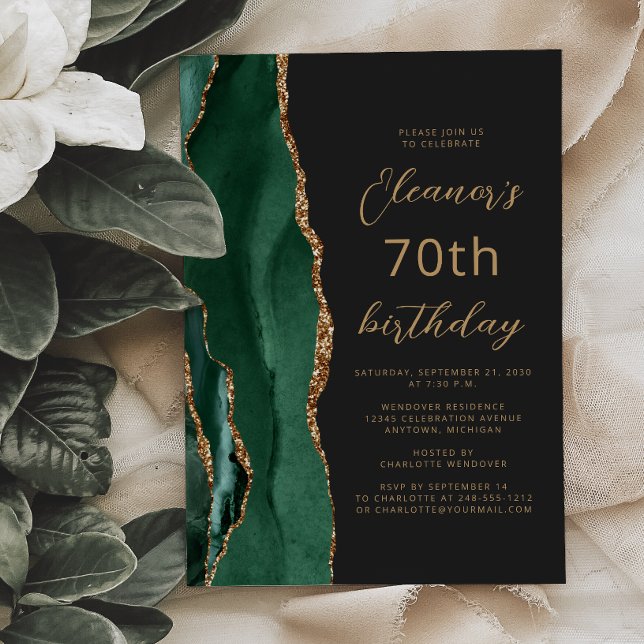 Smaragdgrön guldagat mörk skrivstil 70-årsdag inbjudningar (Skapare uppladdad)