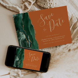 Smaragdgrön guldagat roströd Save the Date-kort Inbjudningar