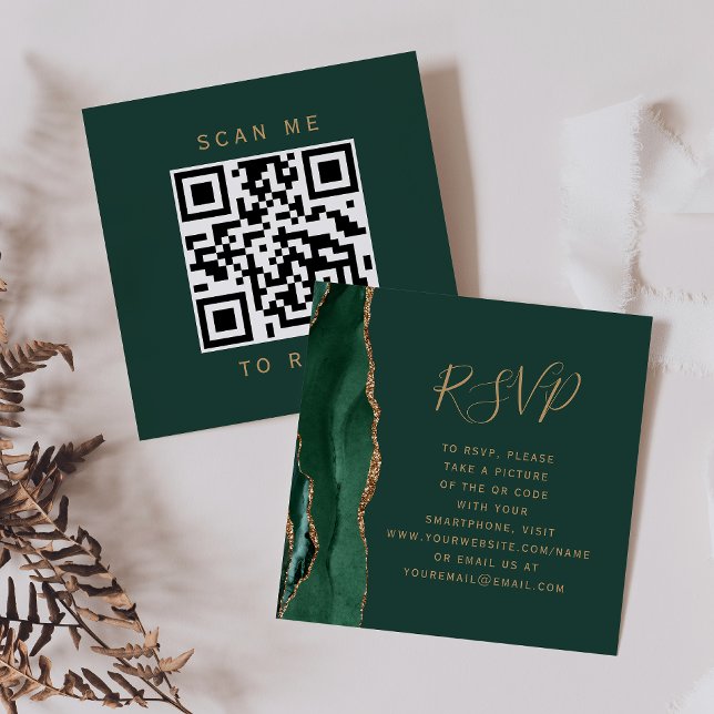 Smaragdgrön guldagate bröllops QR-kod RSVP Tilläggskort (Skapare uppladdad)