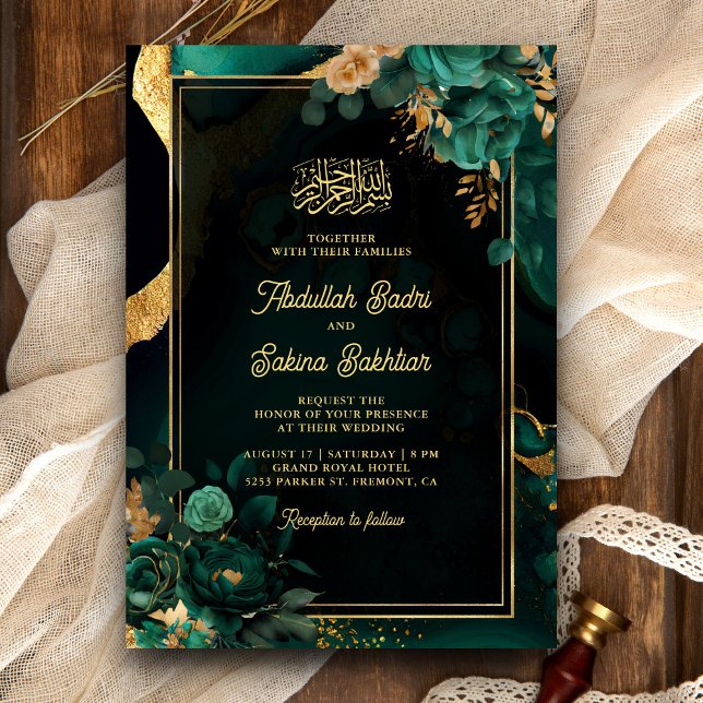 Smaragdgrön guldblomma QR-kod Muslimsk Bröllop Inbjudningar (Skapare uppladdad)