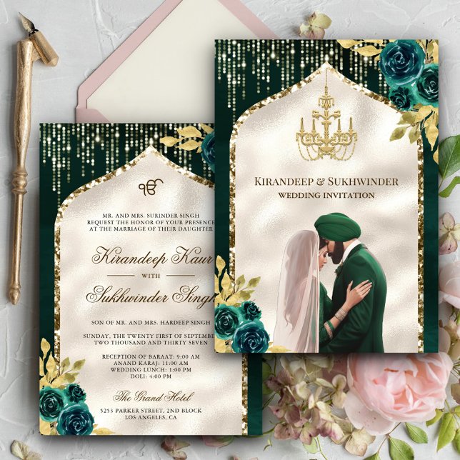 Smaragdgrön guldblommig Anand Karaj Sikh bröllop Inbjudningar (Skapare uppladdad)