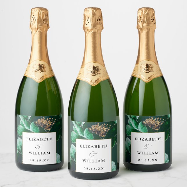 Smaragdgrön guldblommig elegant modern bröllopsfes (Flaskor)
