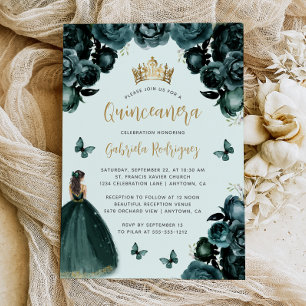Smaragdgrön guldblommig prinsessa Quinceañera Inbjudningar