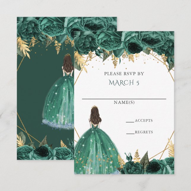 Smaragdgrön guldblommig prinsessa Quinceanera OSA Kort (Fram/baksida)
