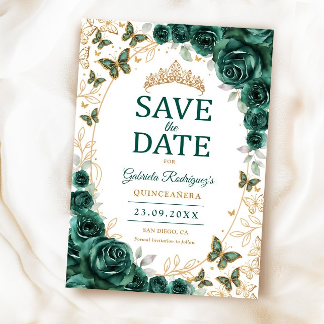 Smaragdgrön guldblommig Quinceanera Spara Datumet (Skapare uppladdad)