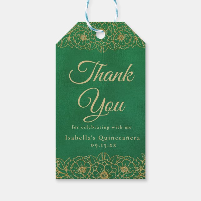 Smaragdgrön guldblommig Quinceañera-tack Presentetikett (Framsidan)
