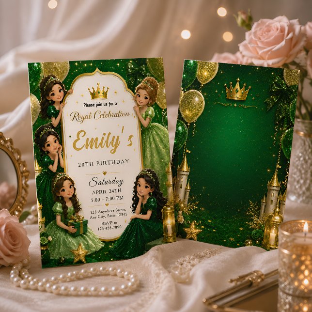 Smaragdgrön guldprinsessa 20-årsdag inbjudningar (Skapare uppladdad)