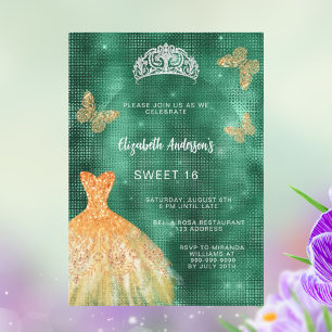 Smaragdgrön guldröja tiara lyx Sweet 16 Inbjudningar