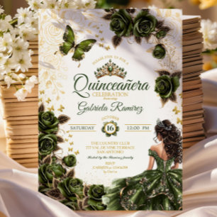 Smaragdgrön gyllene tiara blomster Quinceañera Inbjudningar