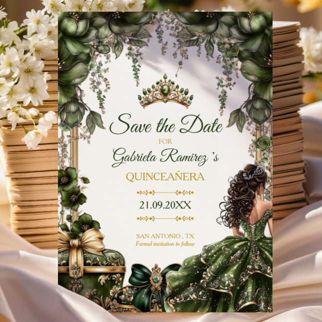 Smaragdgrön gyllene tiara blomster Quinceañera Spara Datumet (Skapare uppladdad)