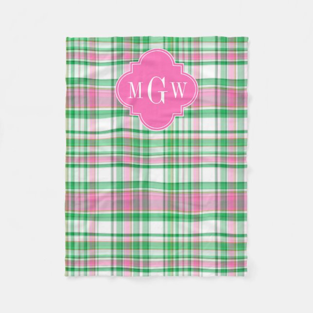 Smaragdgrön Het Rosa Vit Preppy Madras Monogram Fleecefilt (Framsidan)