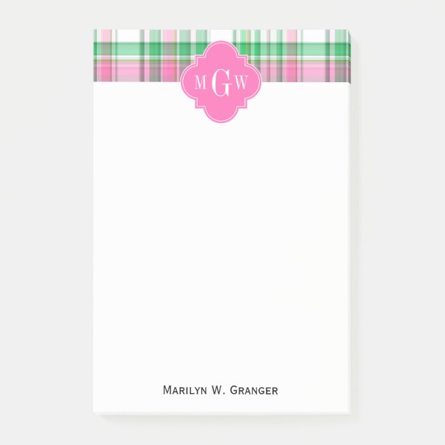 Smaragdgrön Het Rosa Vit Preppy Madras Monogram Post-it Block (Framsida)